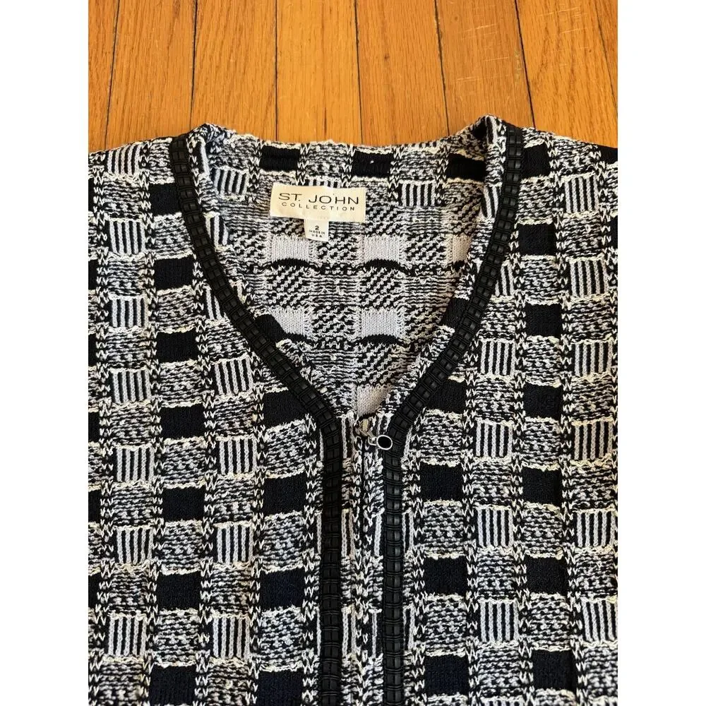 St. John Collection Sweater Womens 2 Black White Check Knit Full Zip Jacket